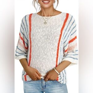 Dokotoo Red and Blue Boucle Textured Striped Women's Sweater - 2X